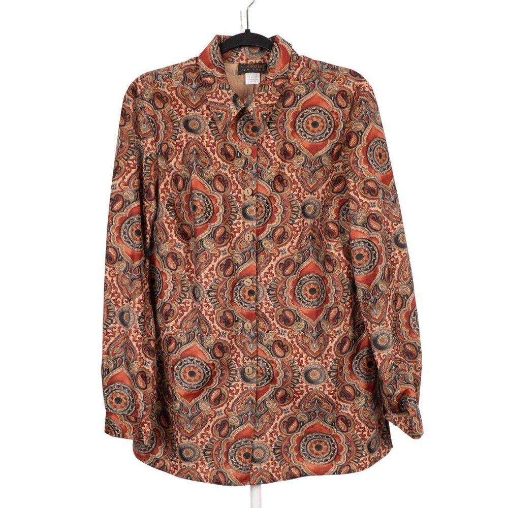 David Paul Button Up Shirt L Womens Napped Red Beige Paisley 90 Retro Camp USA